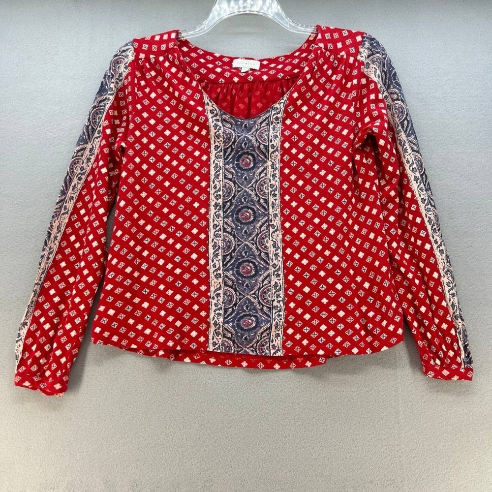 Lucky Brand Multicolored Patterned V Neck Long Sleeve Red Shirt Women’s Size S